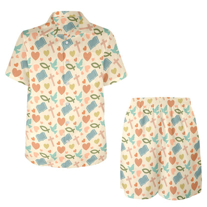 Christian Symbol Pattern Men's Beach Shirt and Shorts Set