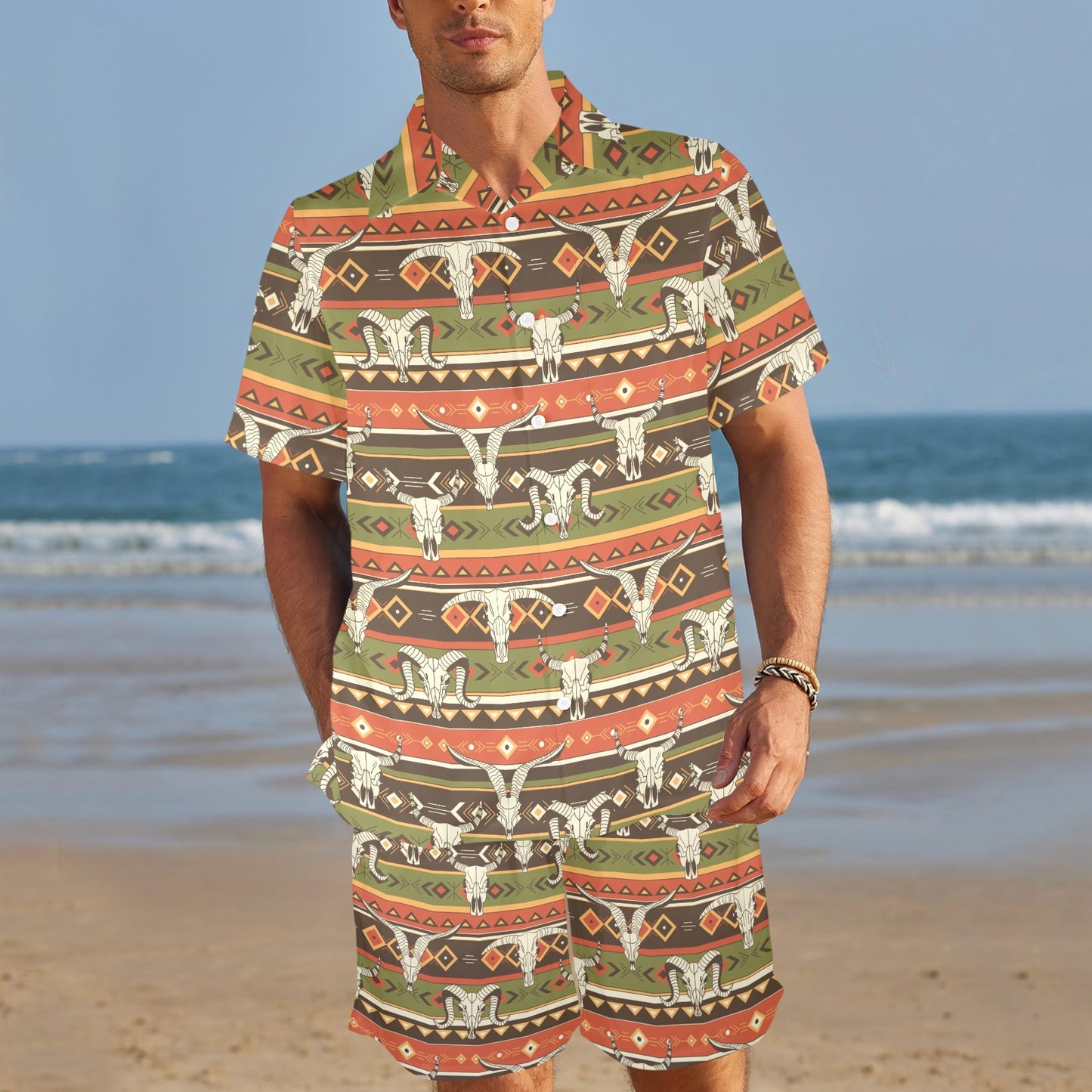 American indian Skull Animal Men's Beach Shirt and Shorts Set