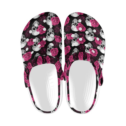 Pink Rose Skull Themed Print Unisex Clogs Shoes