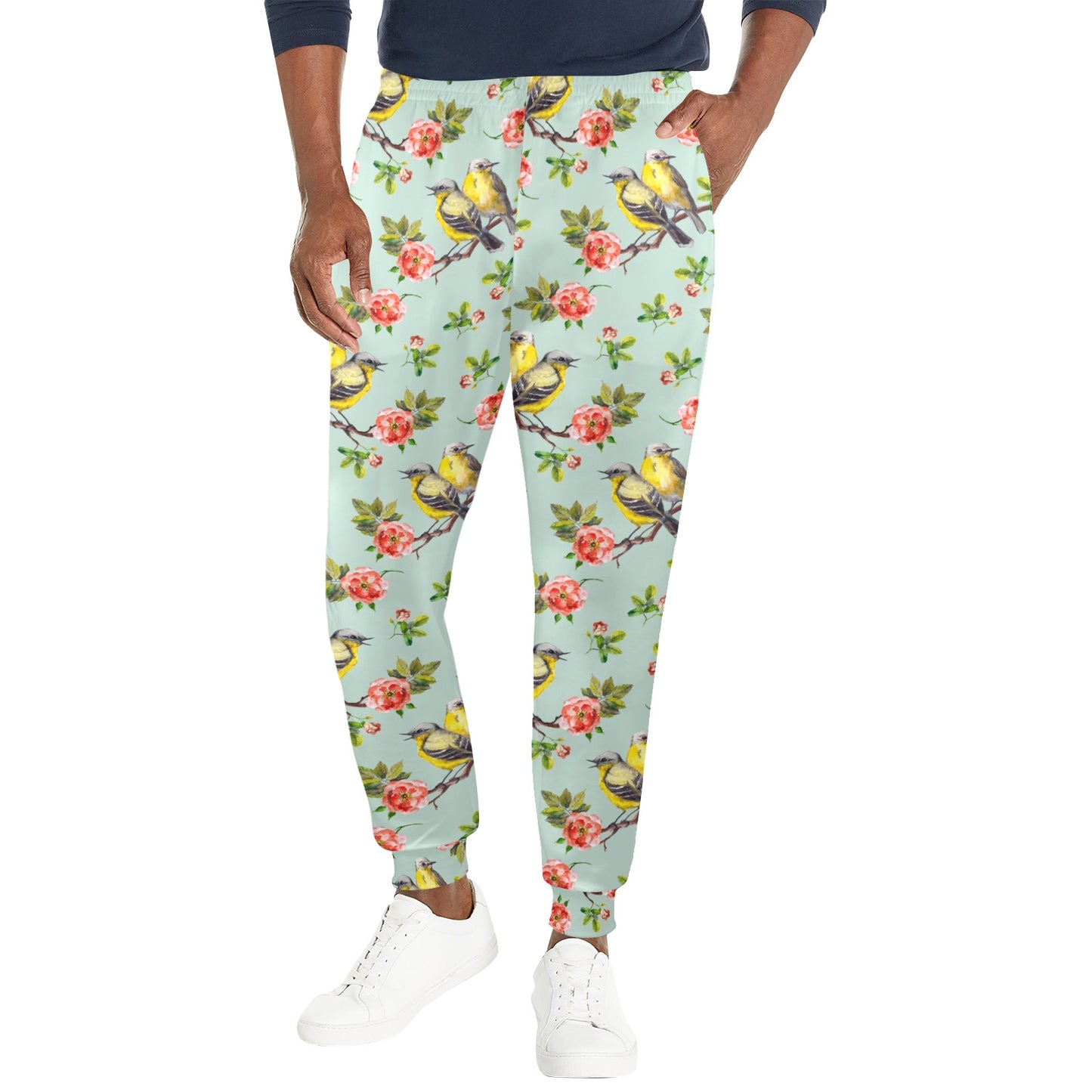 Bird with Red Flower Print Pattern Men's Casual Track Pants