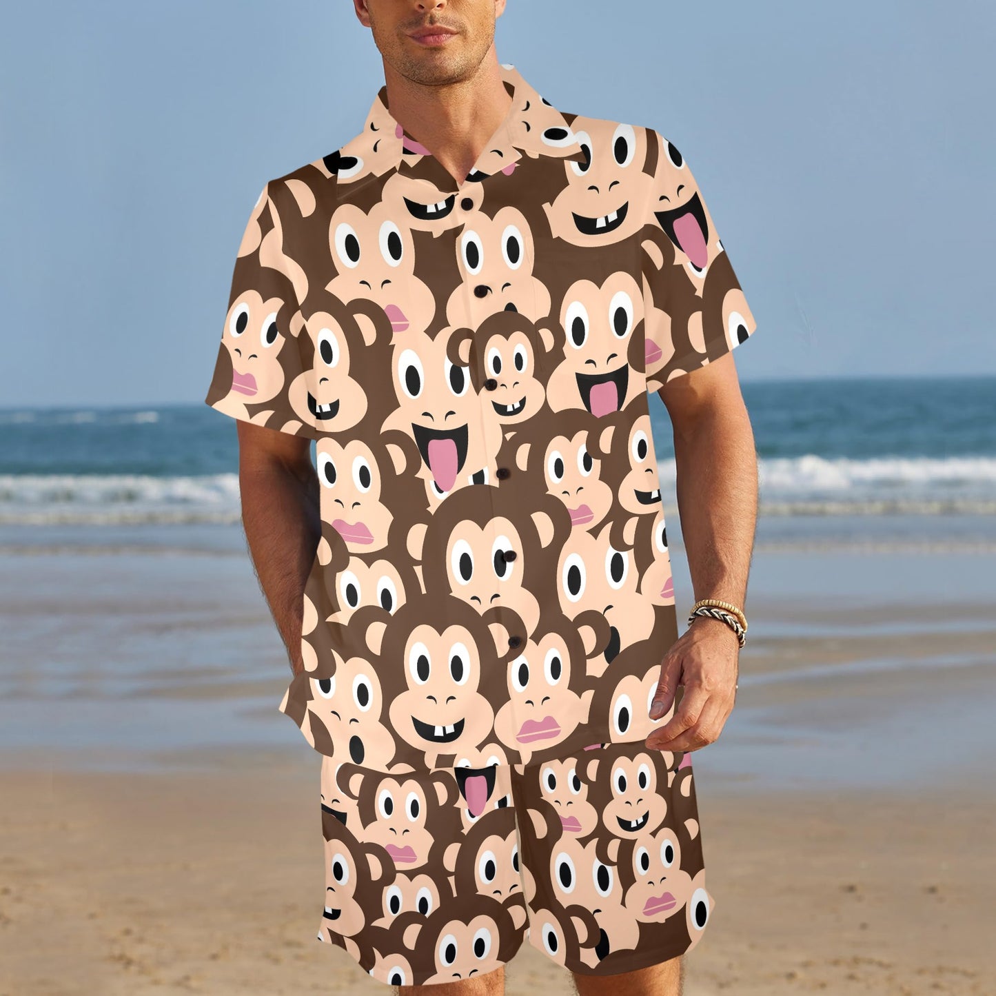 Emoji Monkey Print Pattern Men's Beach Shirt and Shorts Set