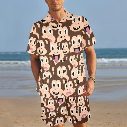 Emoji Monkey Print Pattern Men's Beach Shirt and Shorts Set
