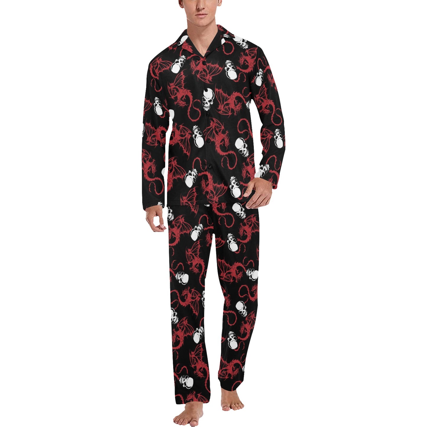 Skull With Red Dragon Print Design LKS304 Men's Long Pajama Set