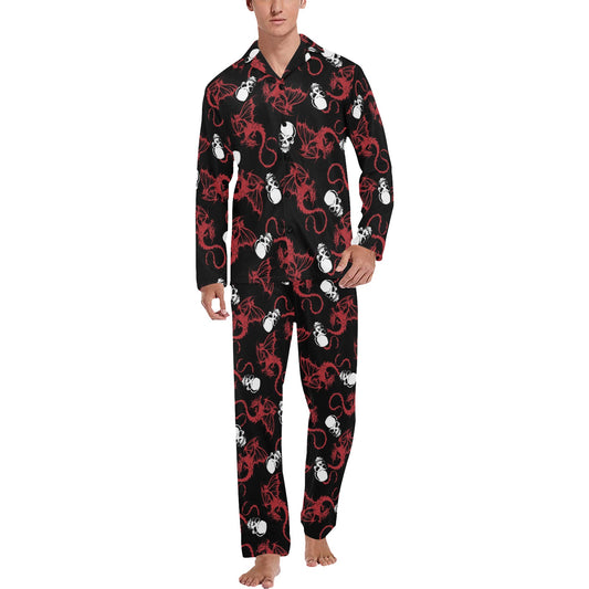 Skull With Red Dragon Print Design LKS304 Men's Long Pajama Set
