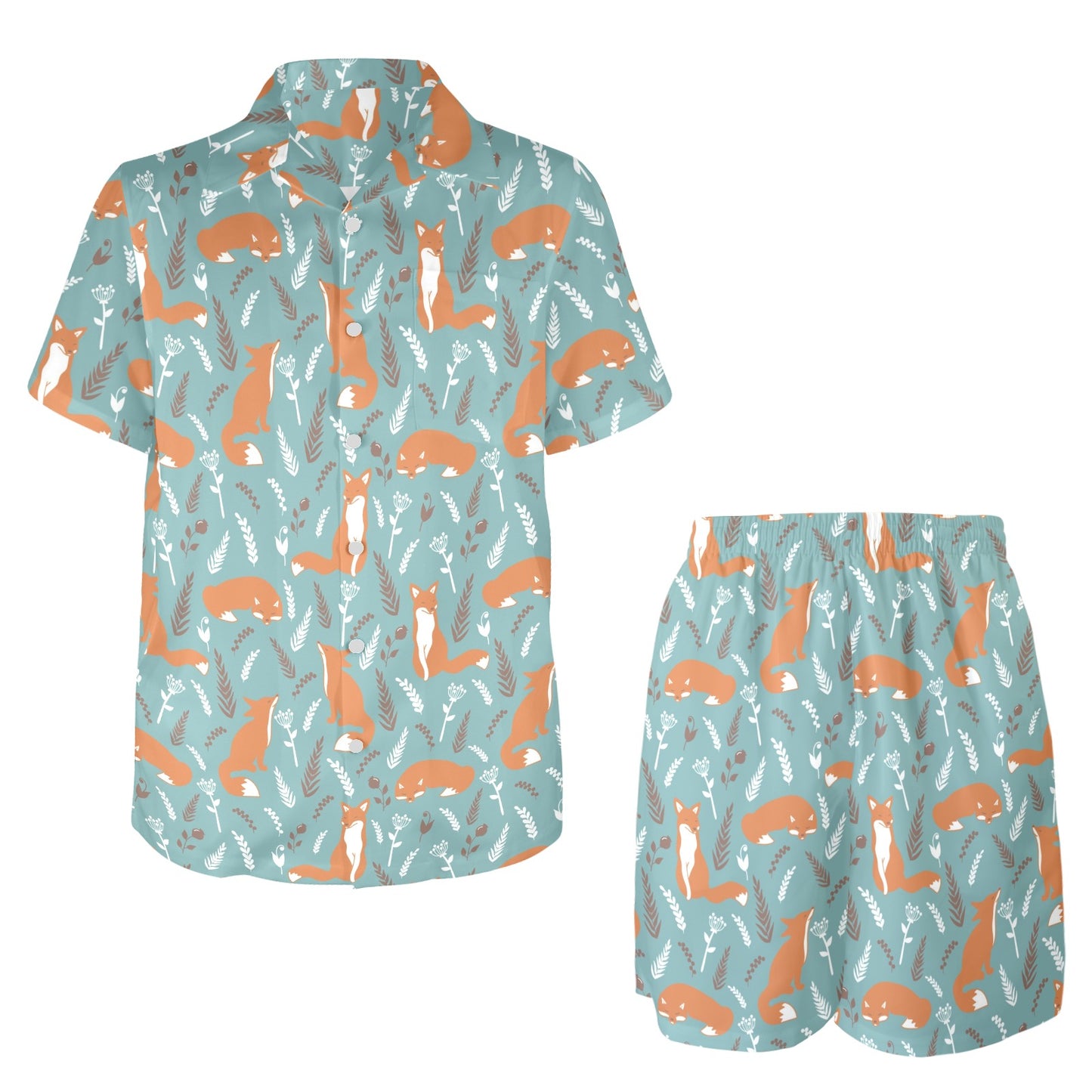 Fox Forest Print Pattern Men's Beach Shirt and Shorts Set