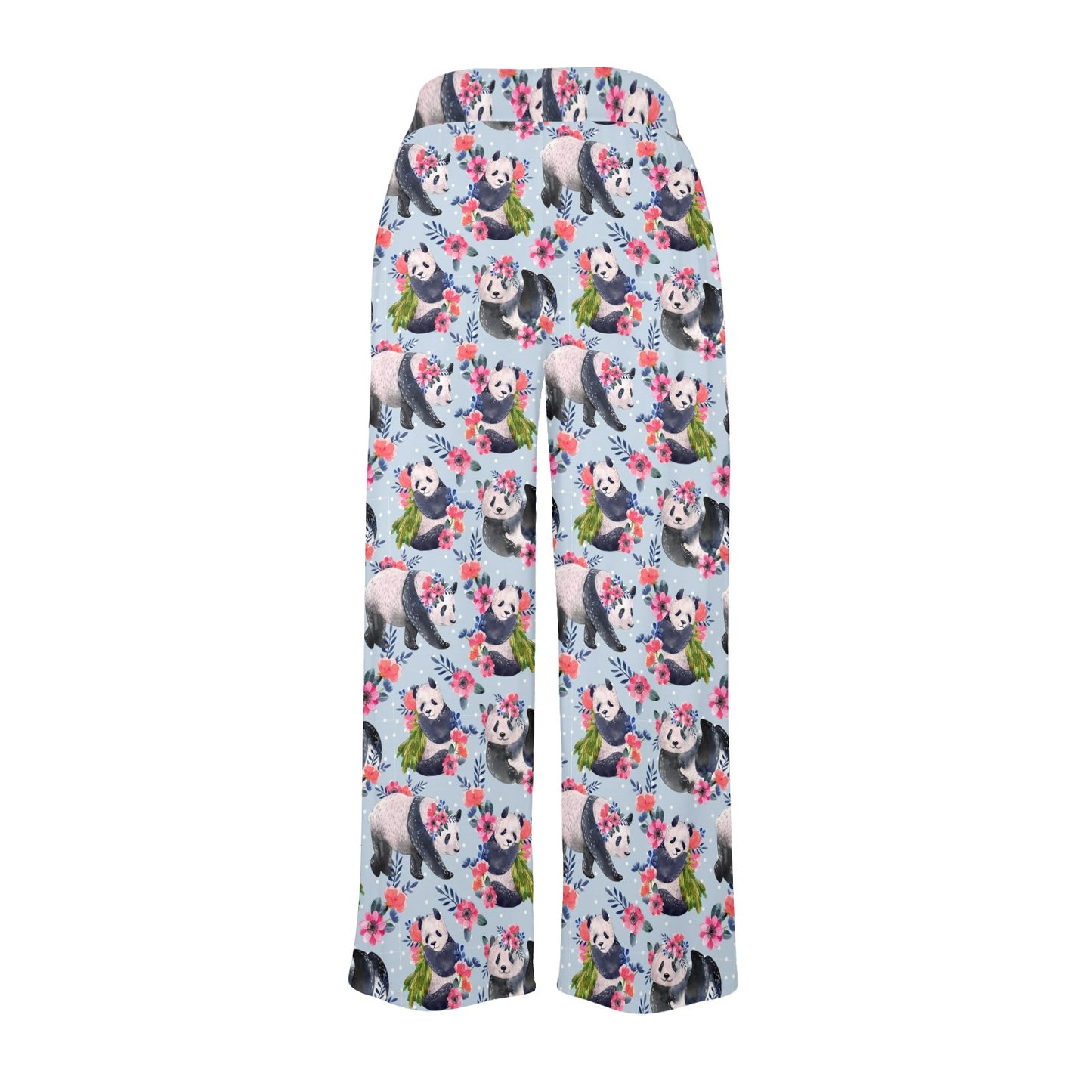 Panda Bear Flower Design Themed Print Women's Wide Leg Lounge Pants