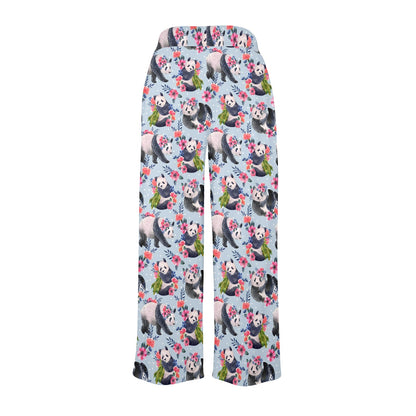 Panda Bear Flower Design Themed Print Women's Wide Leg Lounge Pants