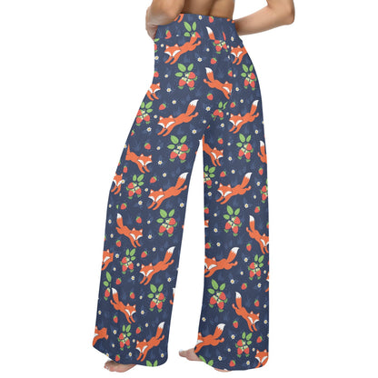 Fox Strawberry Print Pattern Women's Wide Leg Lounge Pants