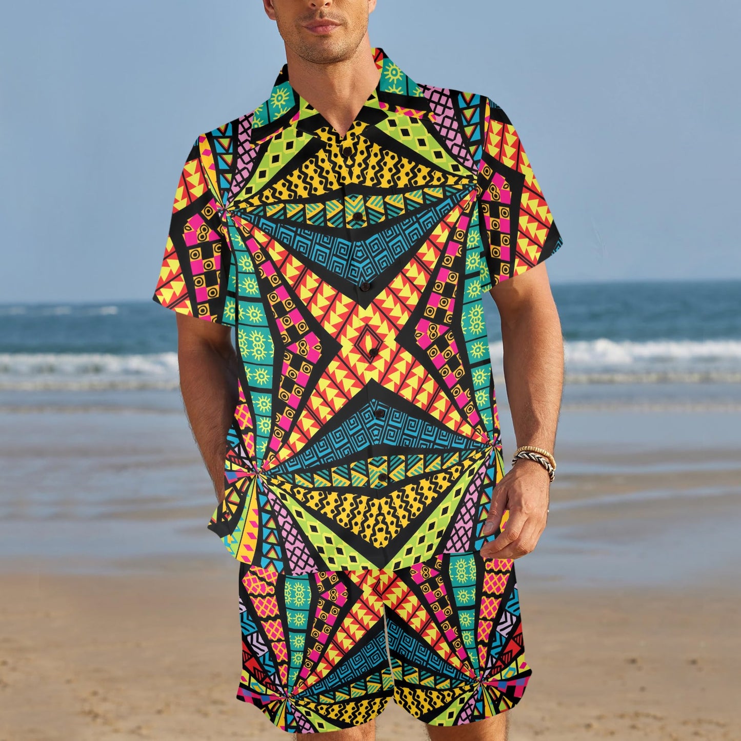Kaleidoscope Pattern Print Design 05 Men's Beach Shirt and Shorts Set