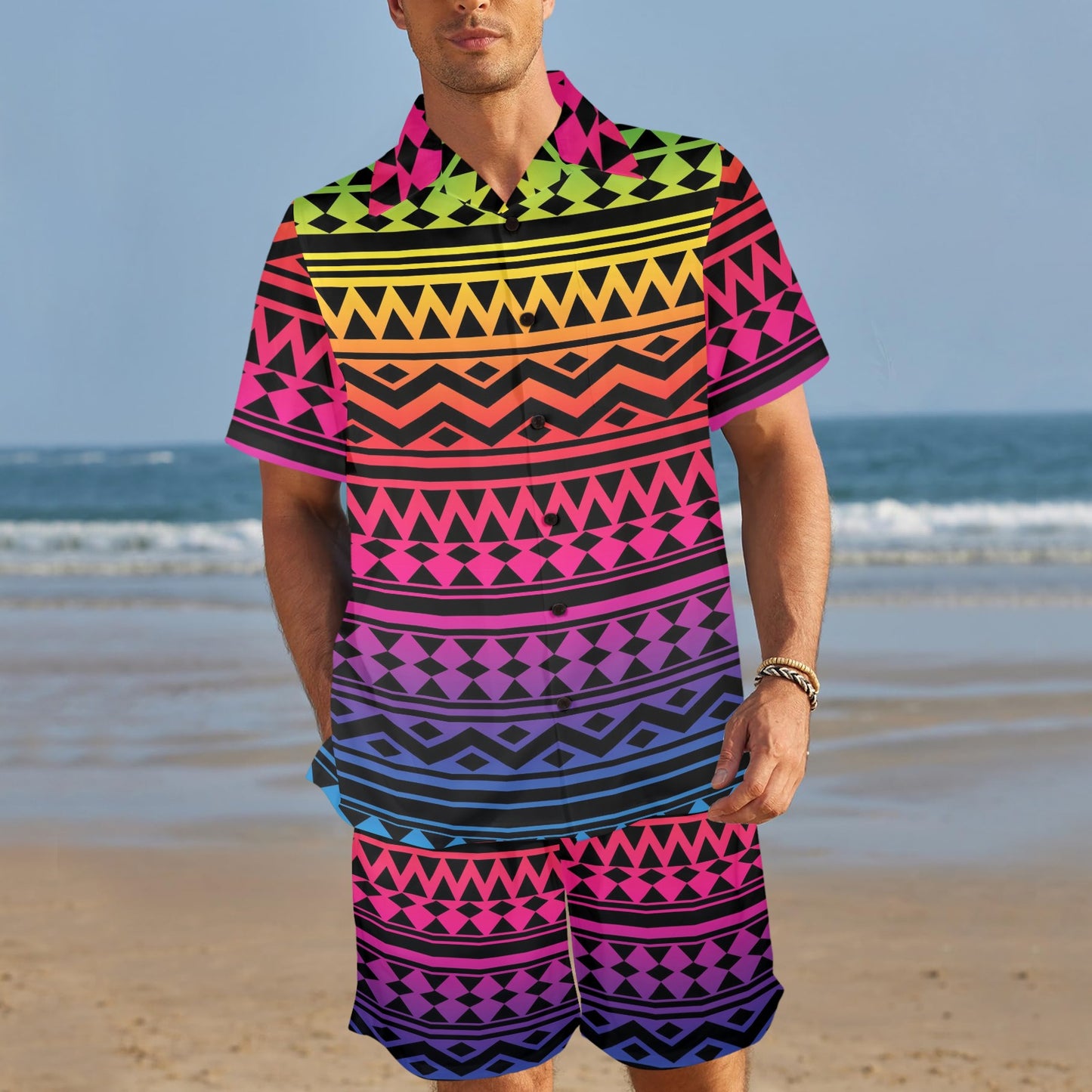 Rainbow Tribal Pattern Print Design A02 Men's Beach Shirt and Shorts Set