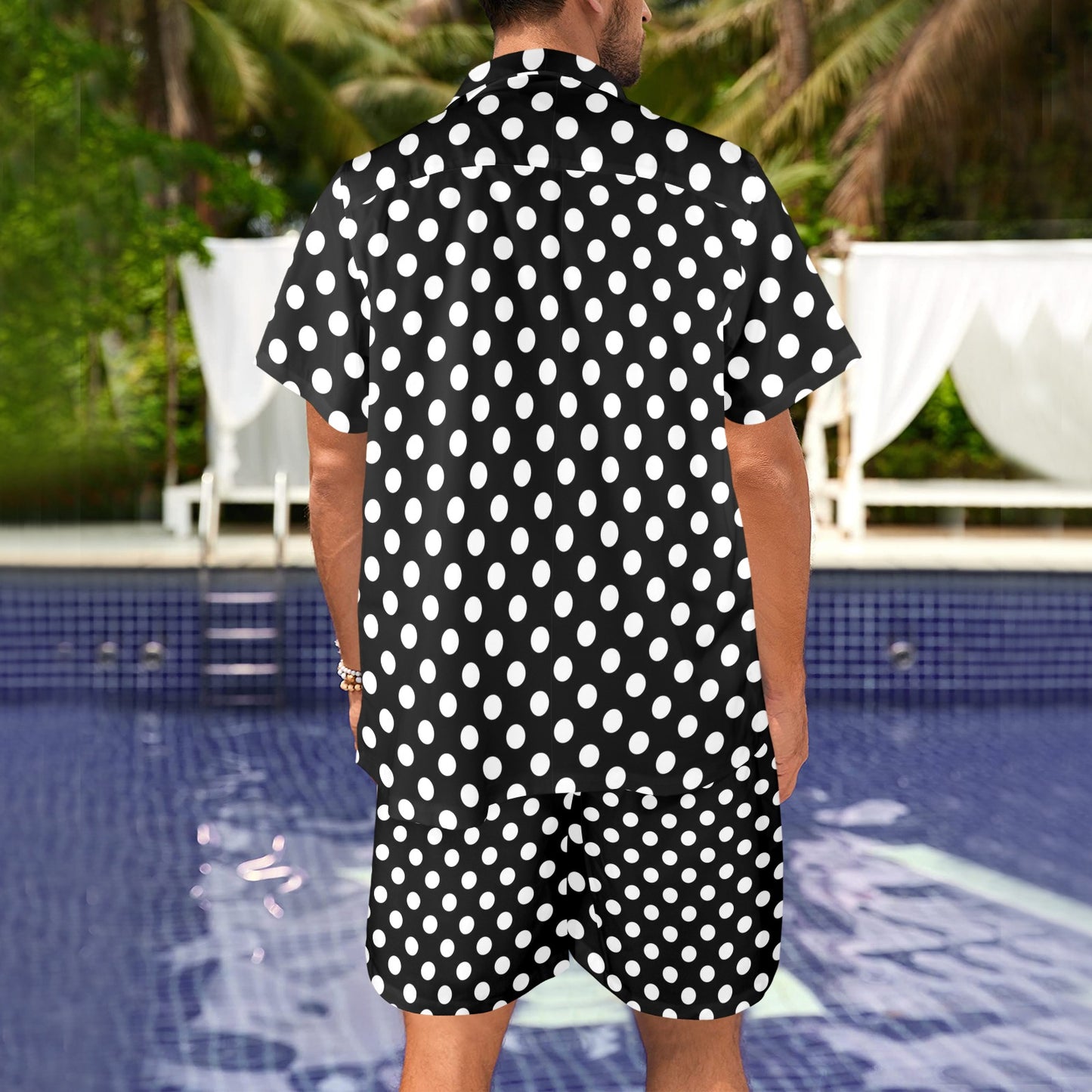 Polka Dot Black White Pattern Print Design 03 Men's Beach Shirt and Shorts Set