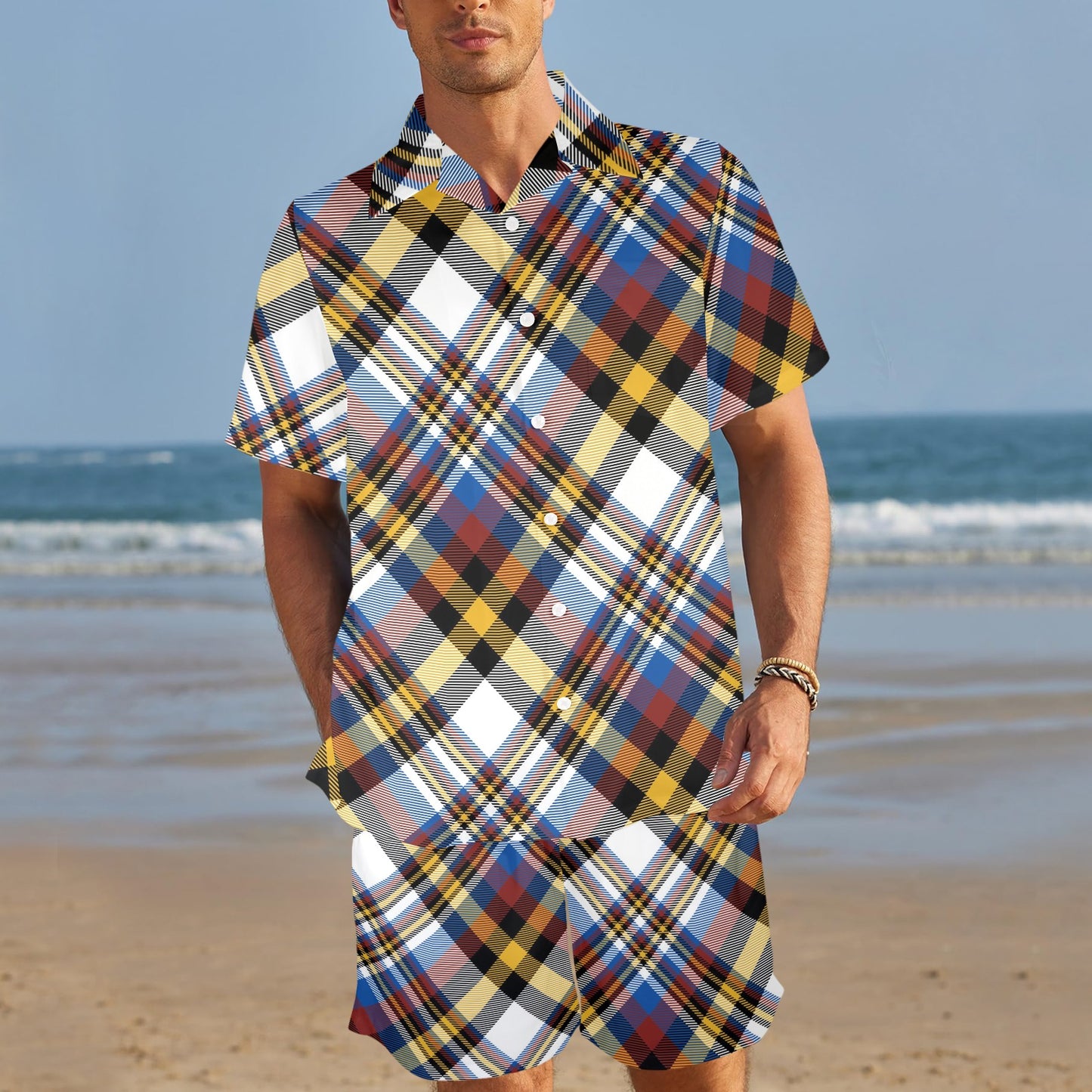 Madras Pattern Print Design 01 Men's Beach Shirt and Shorts Set
