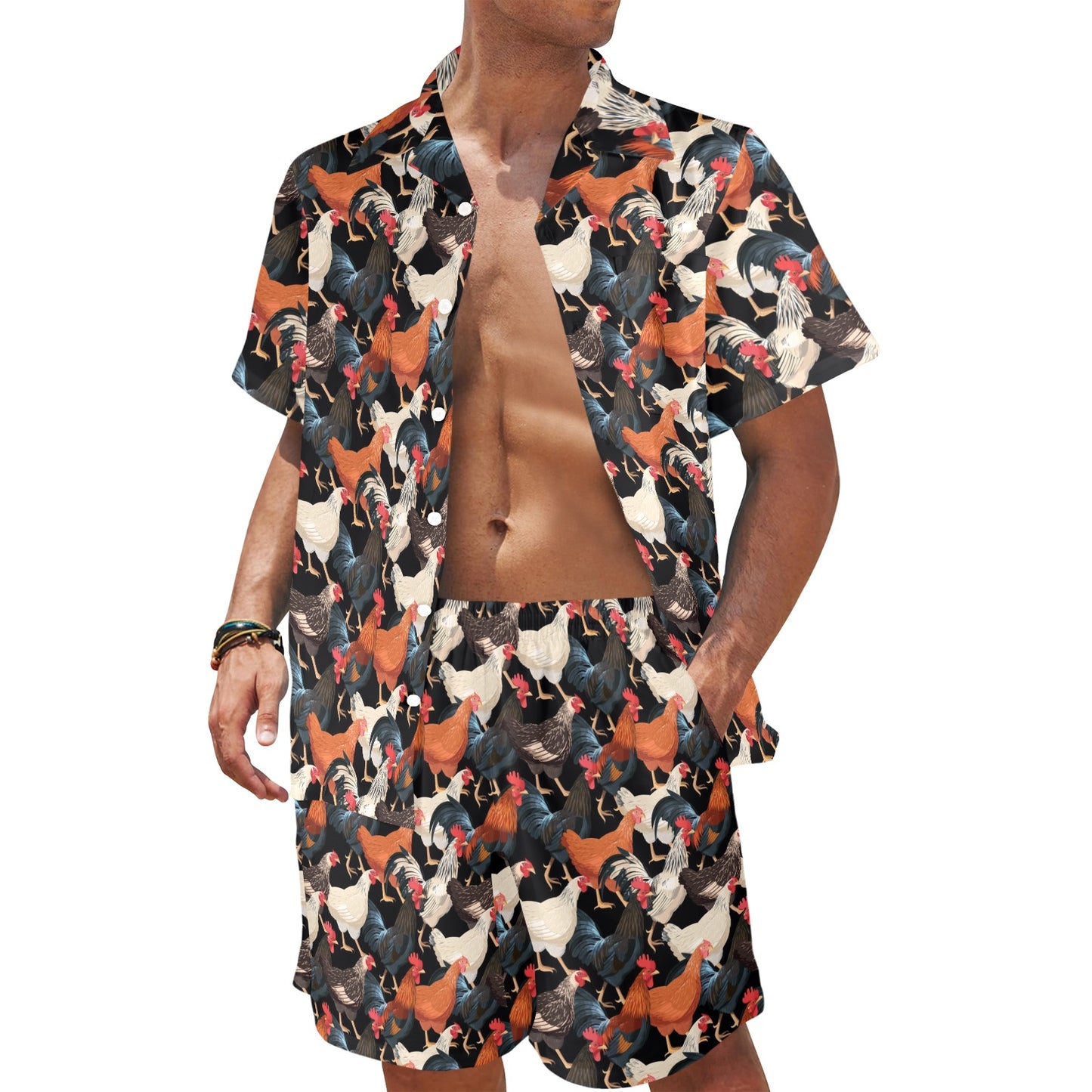 Chicken Print Pattern Men's Beach Shirt and Shorts Set