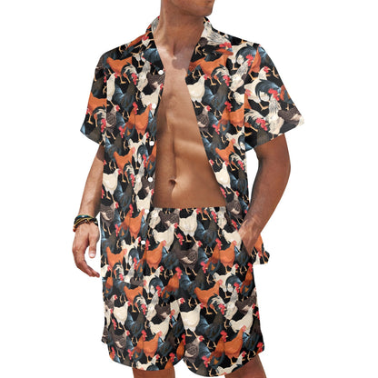 Chicken Print Pattern Men's Beach Shirt and Shorts Set