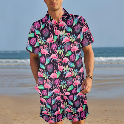 Flamingo Tropical leaves Neon Print Men's Beach Shirt and Shorts Set