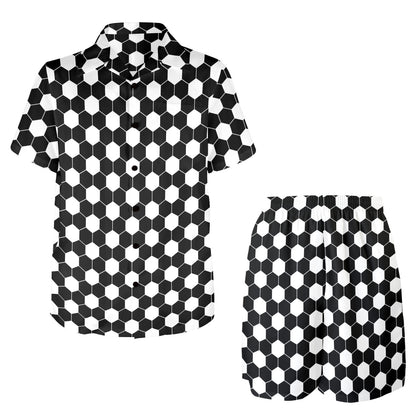 Hexagonal black white Design Print Pattern JJ0341 Men's Beach Shirt and Shorts Set