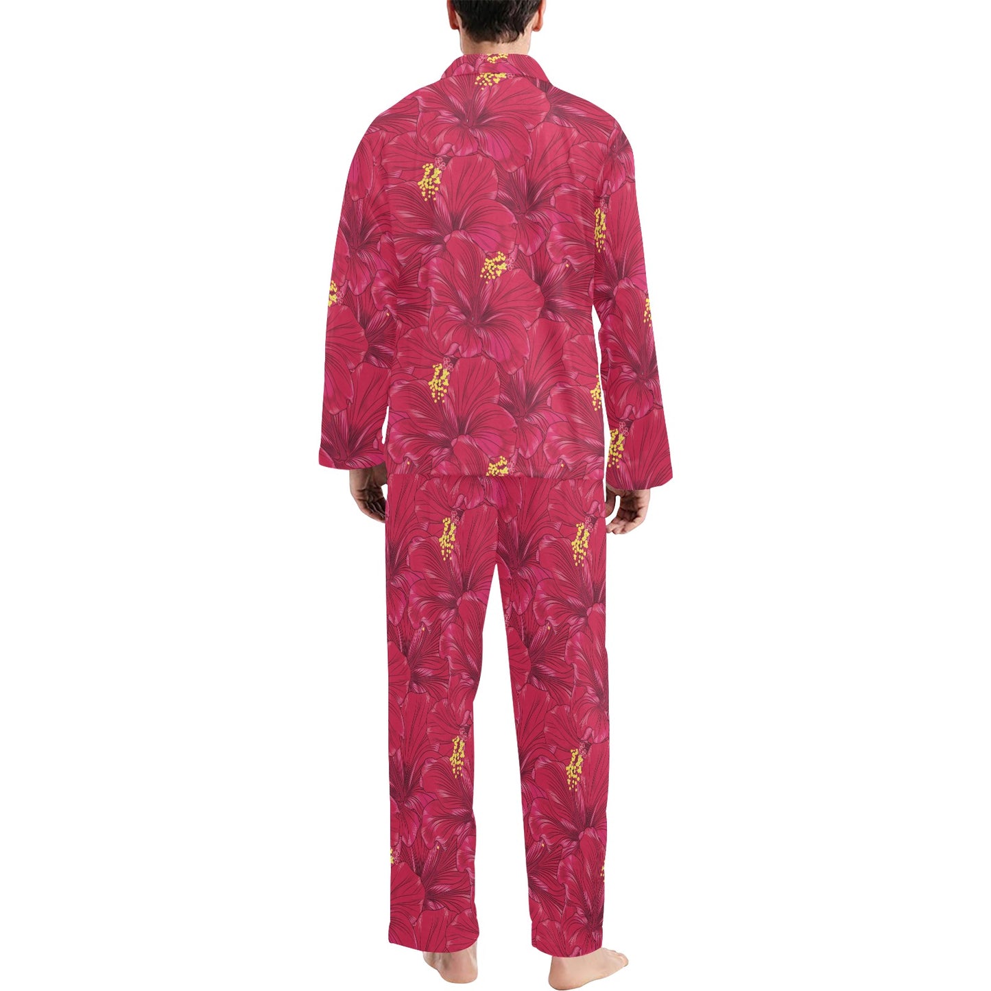Hibiscus Red Pattern Print LKS308 Men's Long Pajama Set