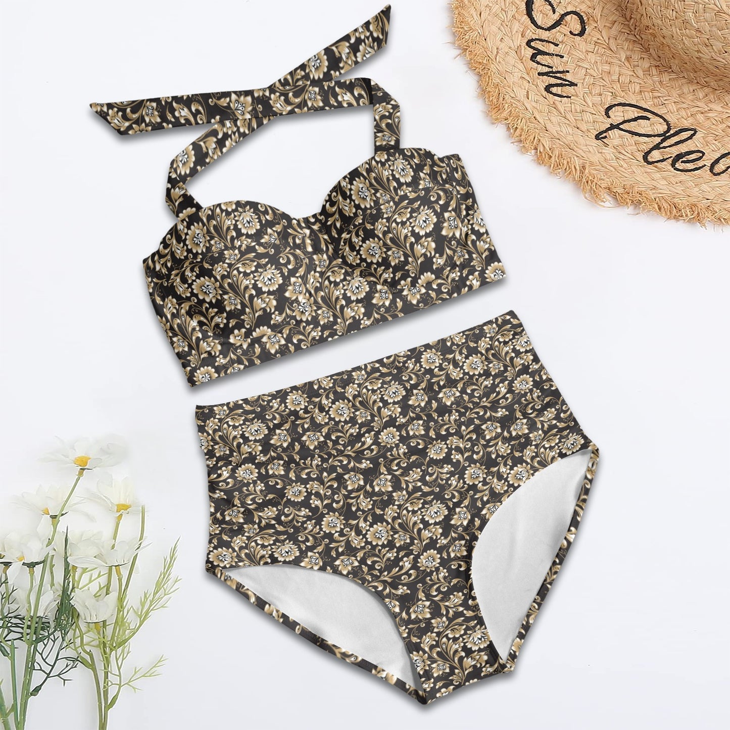 Brocade Pattern Print Design 03 Halter Neck Bikini Swimsuit