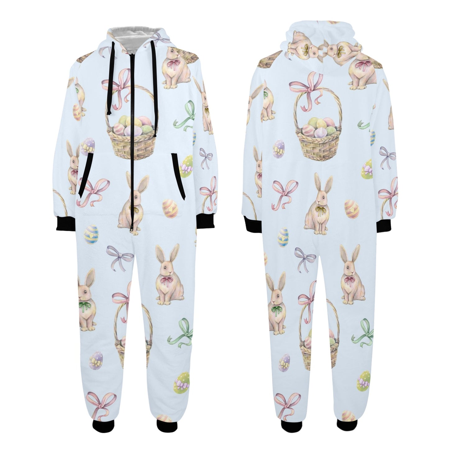 Rabbit Easter Eggs Pattern Print Design 03 Hooded Fleece Onesie Pajama Jumpsuit