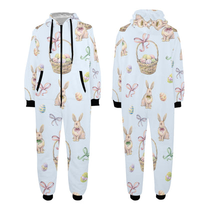 Rabbit Easter Eggs Pattern Print Design 03 Hooded Fleece Onesie Pajama Jumpsuit
