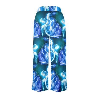 Blue Neon Sea Turtle Print Women's Wide Leg Lounge Pants