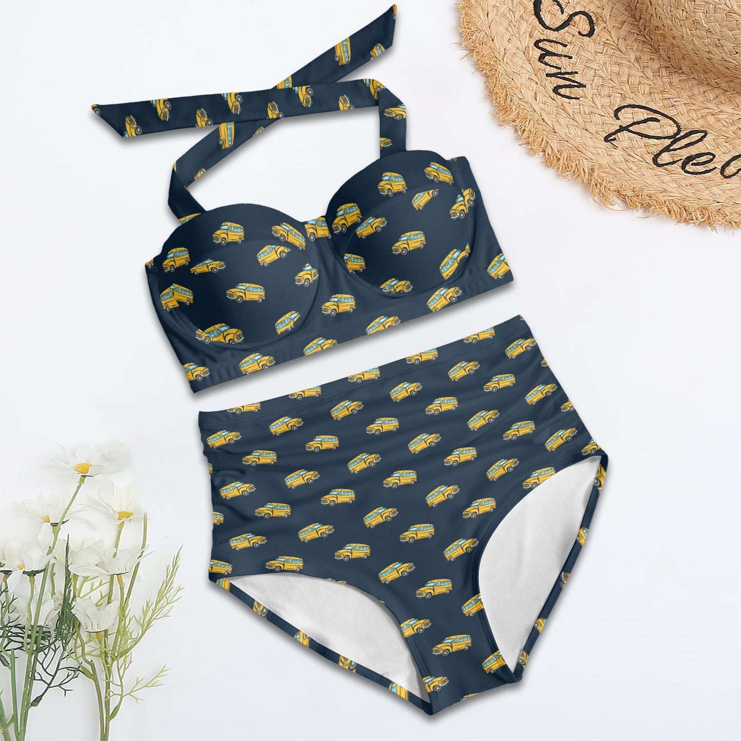 School Bus Print Design LKS304 Halter Neck Bikini Swimsuit