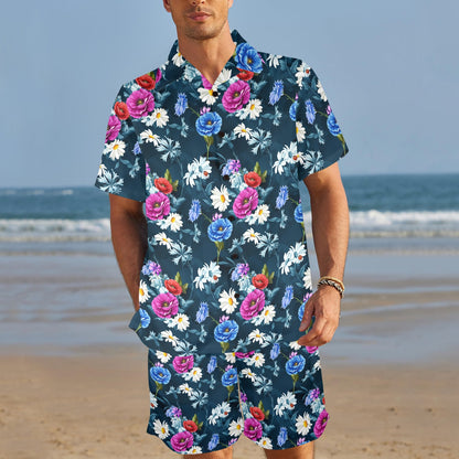 Floral Blue Themed Print Men's Beach Shirt and Shorts Set