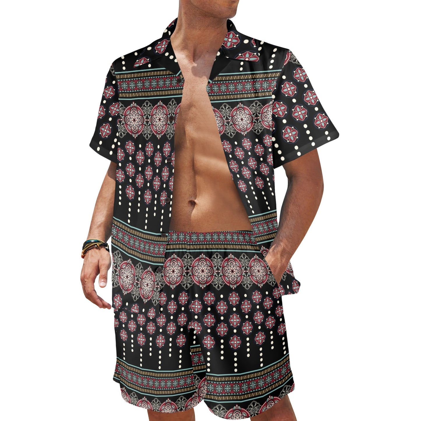 Ethnic Dot Style Print Pattern Men's Beach Shirt and Shorts Set