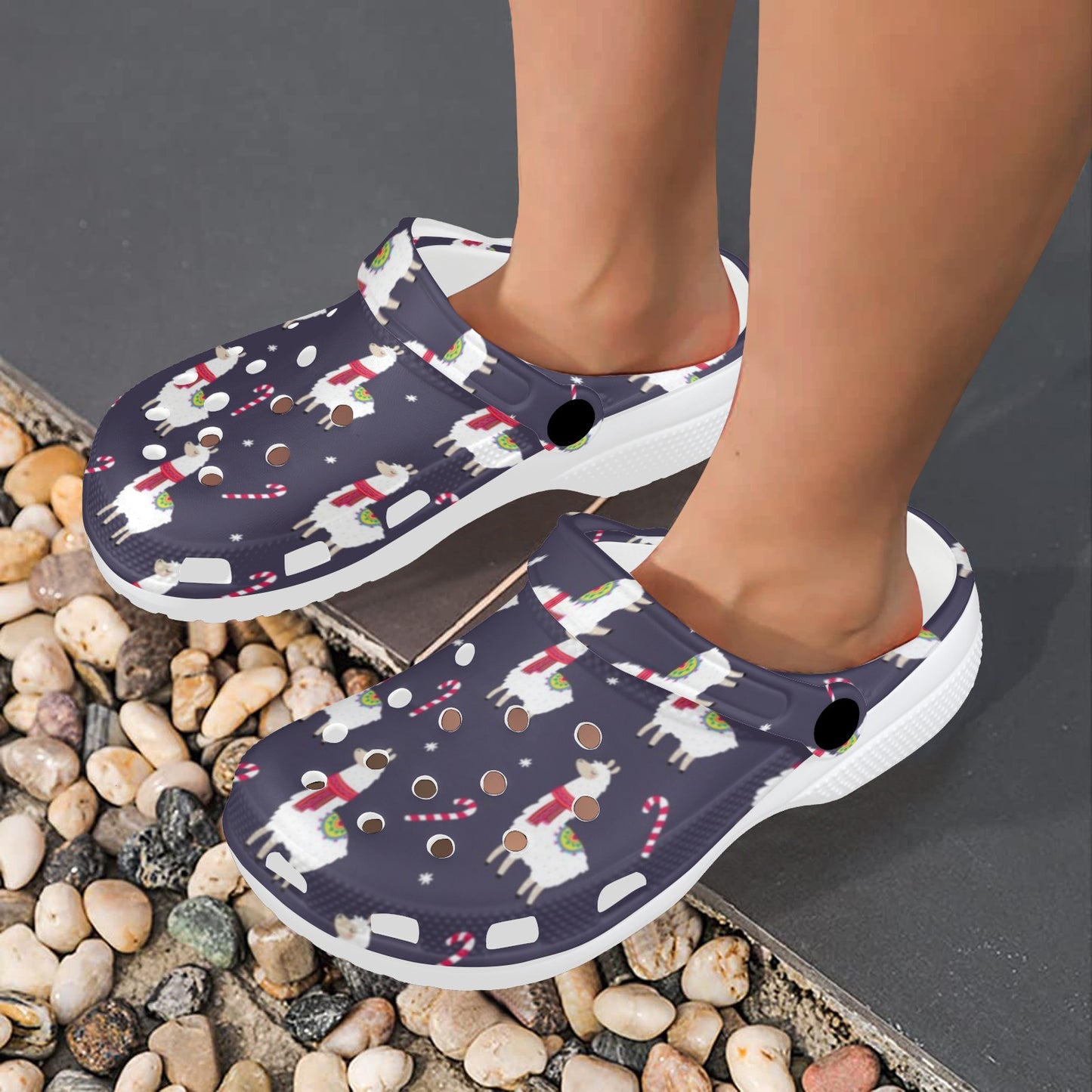 Llama with Candy Cane Themed Print Unisex Clogs Shoes