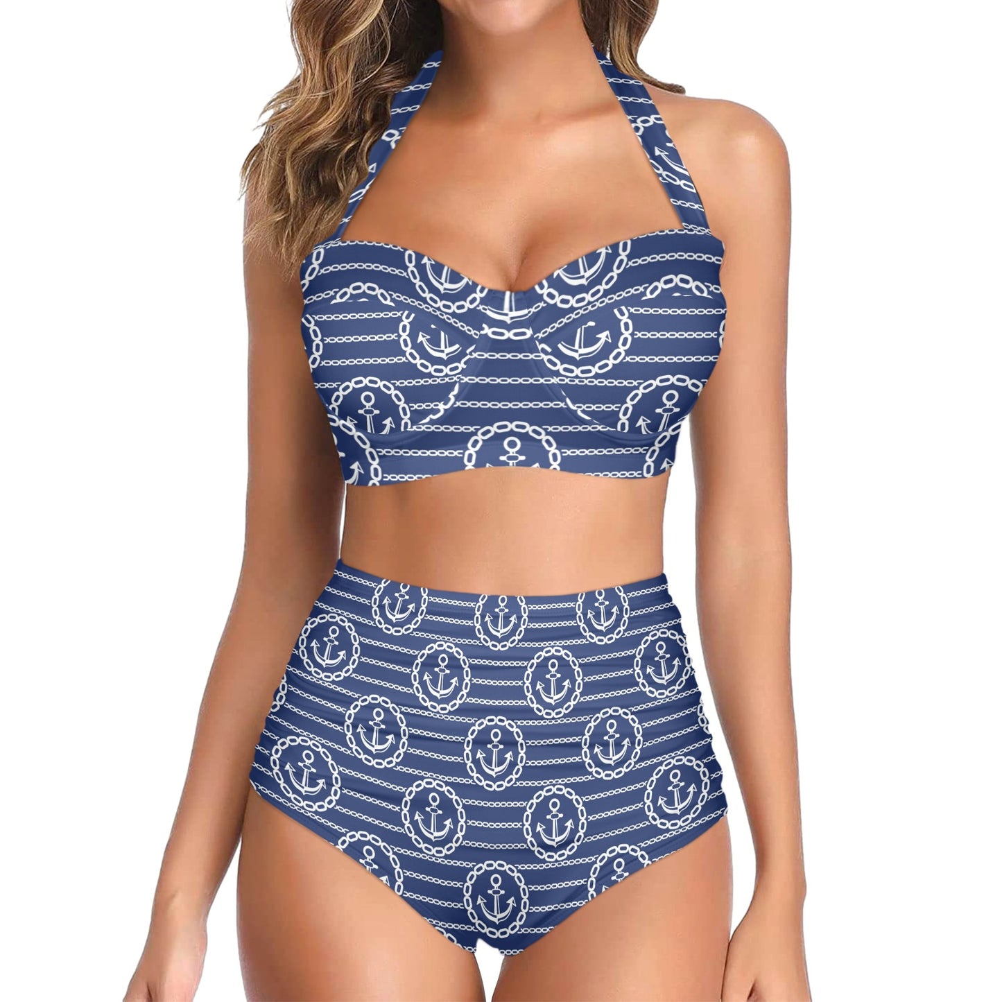 Anchor Stripe Pattern Halter Neck Bikini Swimsuit