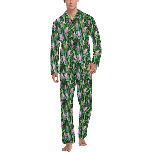 Tropical Folower Pink Heliconia Print Men's Long Pajama Set