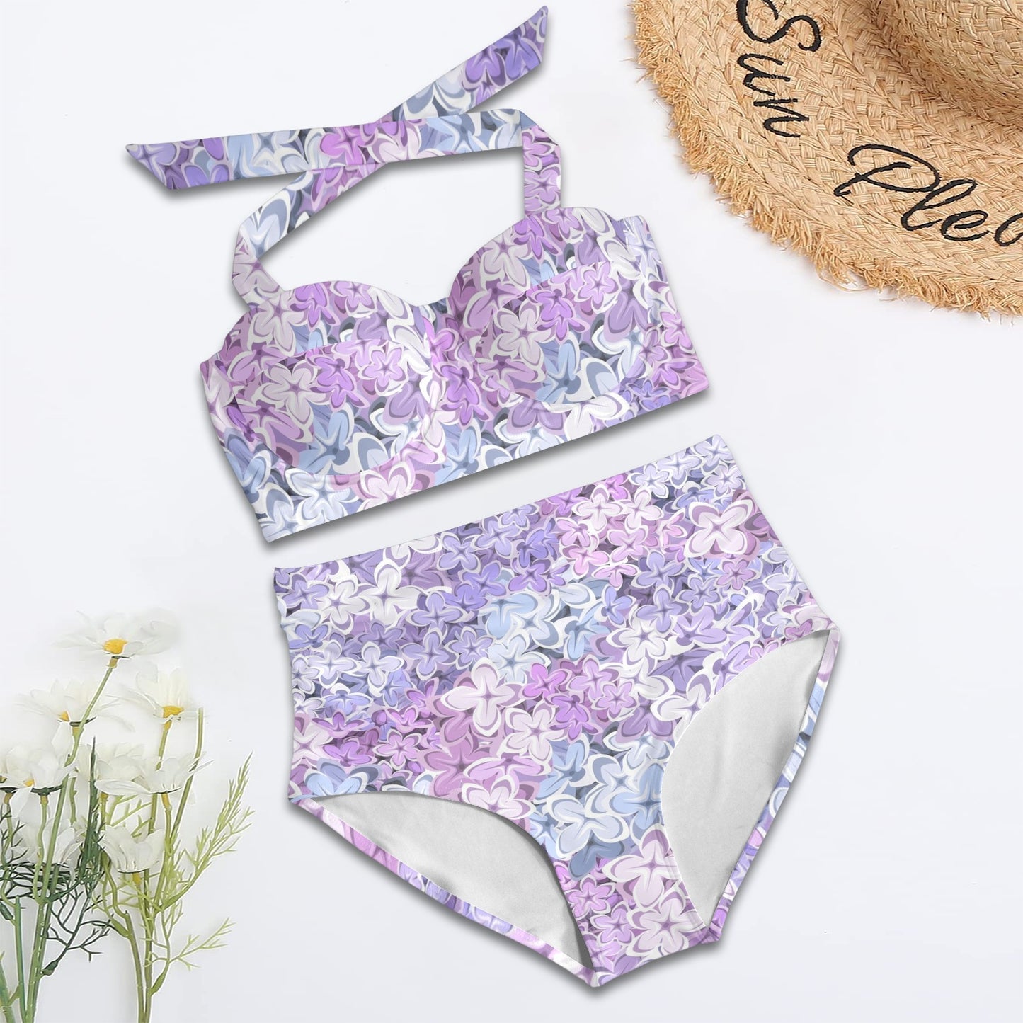 Lilac Pattern Print Design LI01 Halter Neck Bikini Swimsuit