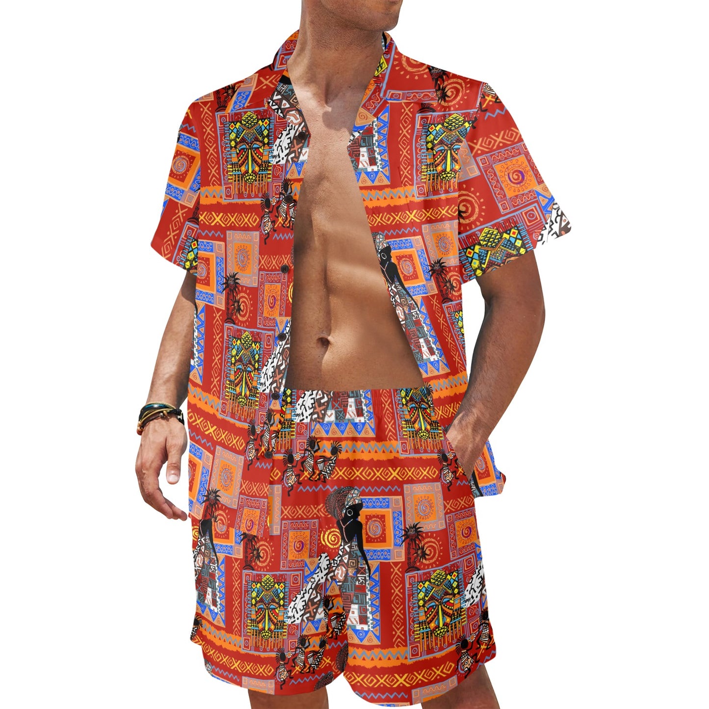 African Print Pattern Men's Beach Shirt and Shorts Set