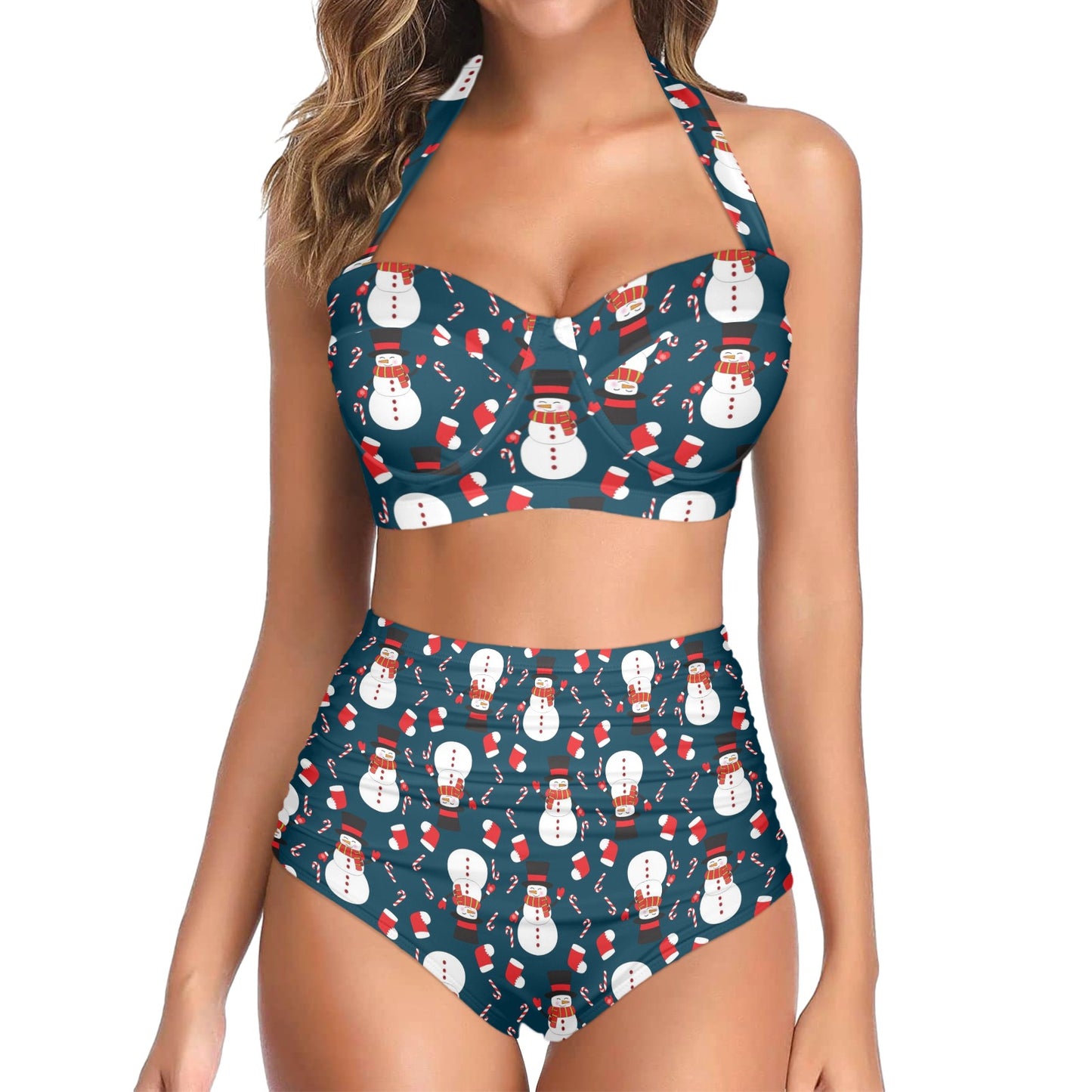 Snowman Print Design LKS301 Halter Neck Bikini Swimsuit