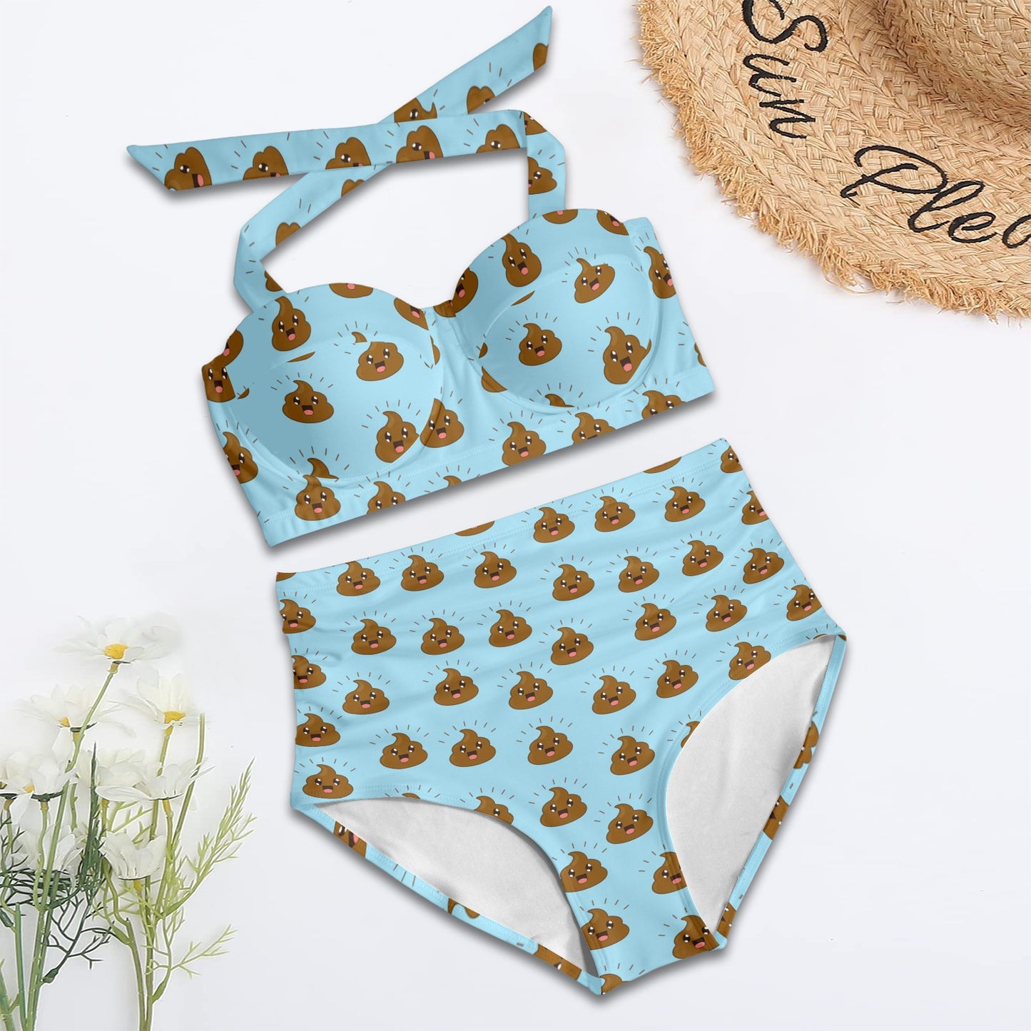 Poop Emoji Pattern Print Design A03 Halter Neck Bikini Swimsuit