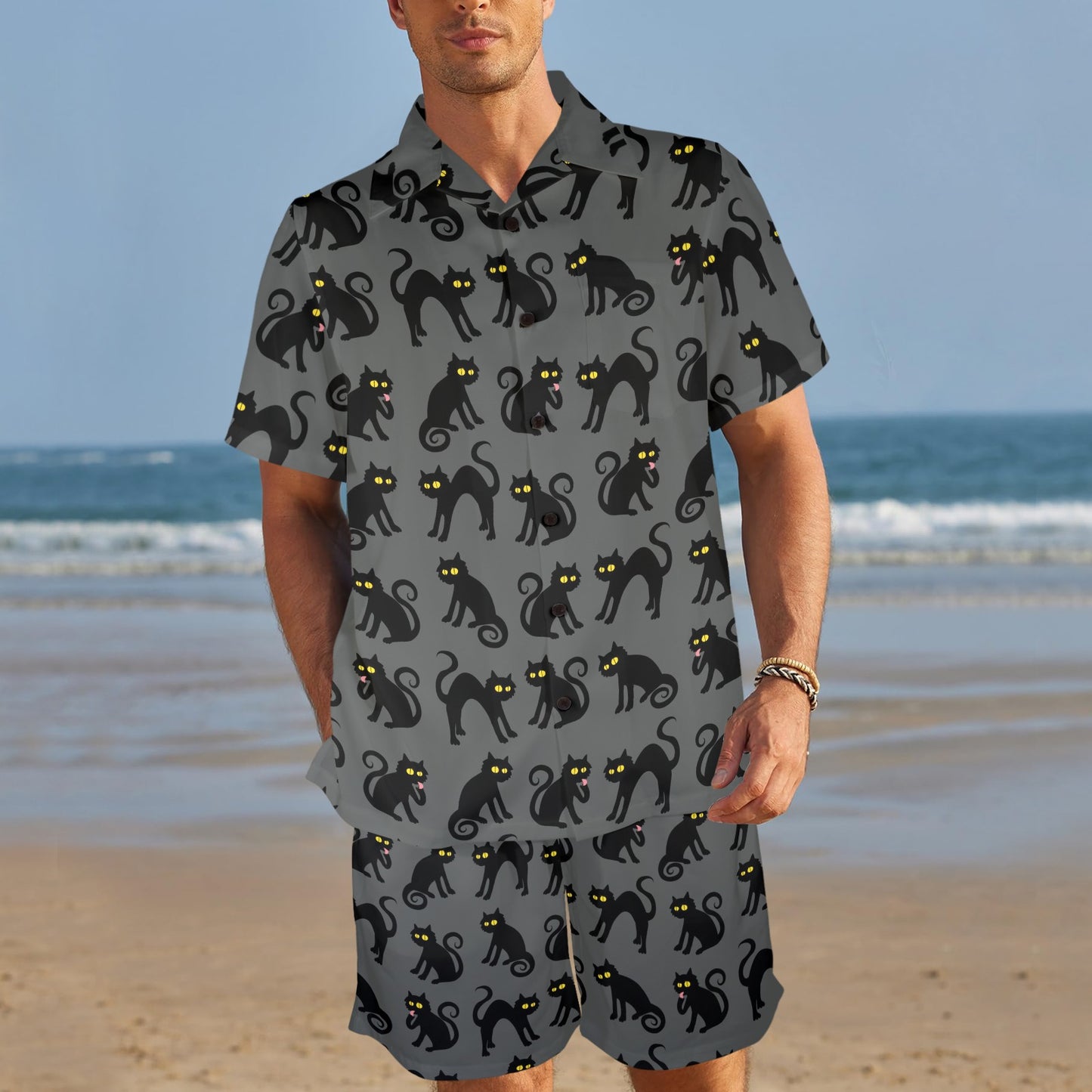 Black Cat Cute Print Pattern Men's Beach Shirt and Shorts Set