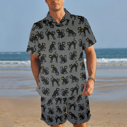 Black Cat Cute Print Pattern Men's Beach Shirt and Shorts Set