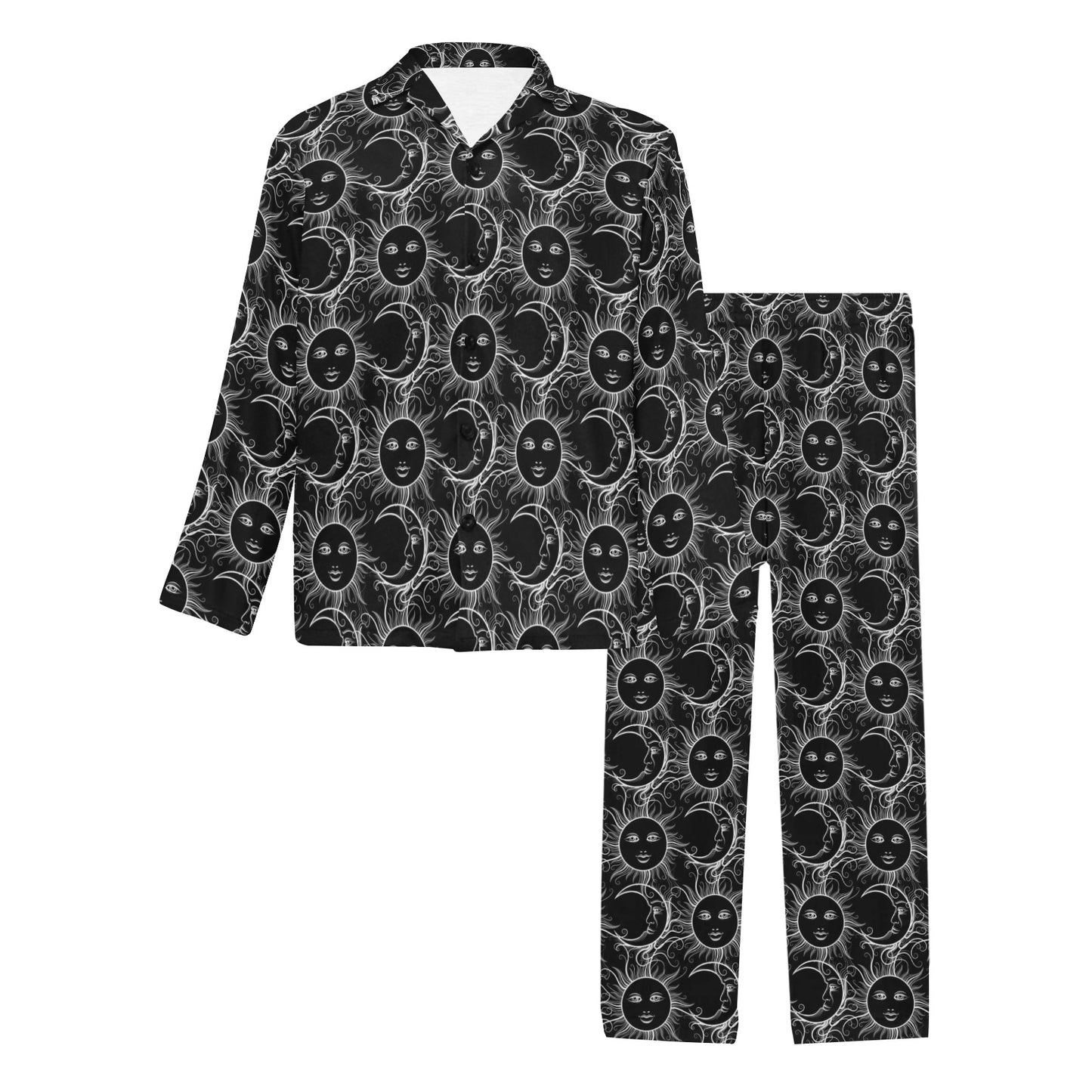Sun Moon White Design Themed Print Men's Long Pajama Set