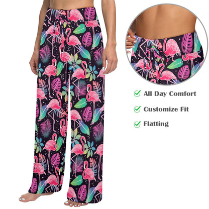 Flamingo Tropical leaves Neon Print Women's Wide Leg Lounge Pants