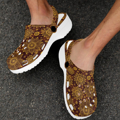 Gold Sunflower Hand Drawn Print Unisex Clogs Shoes