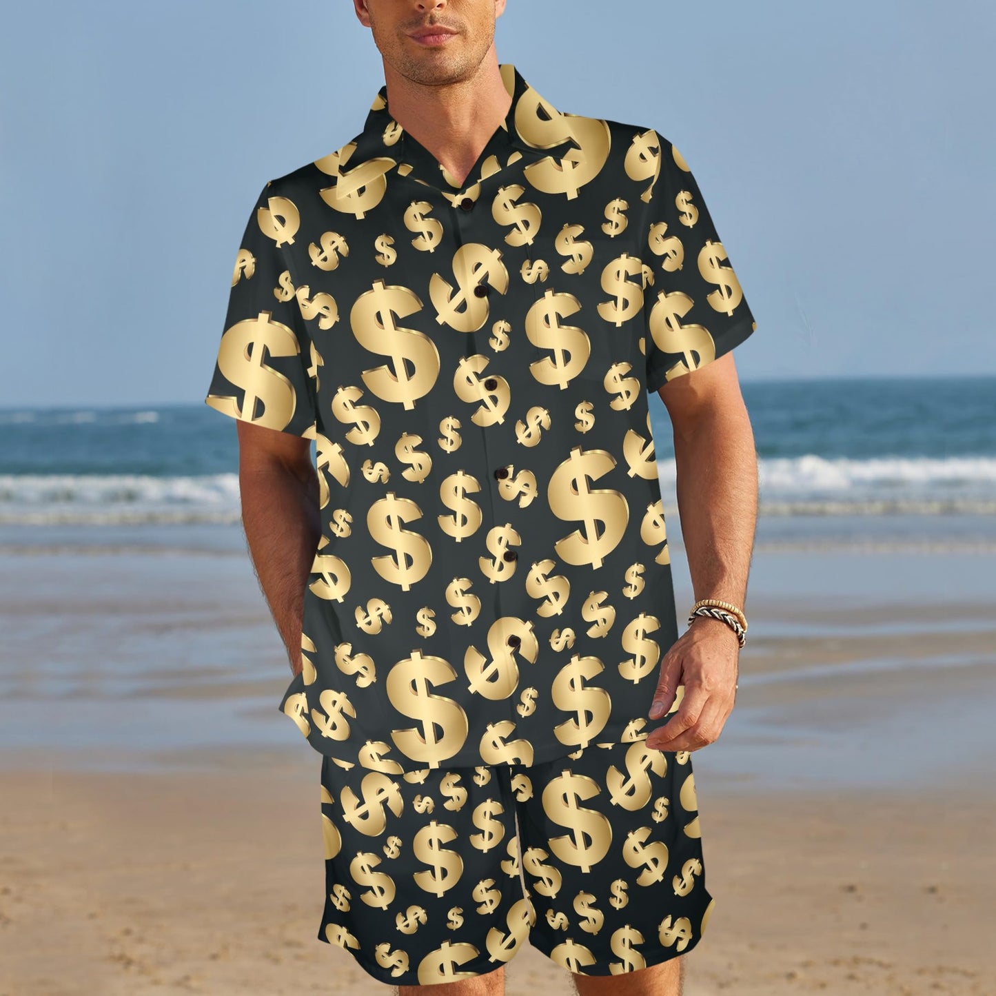 Dollar Pattern Print Design DO04 Men's Beach Shirt and Shorts Set
