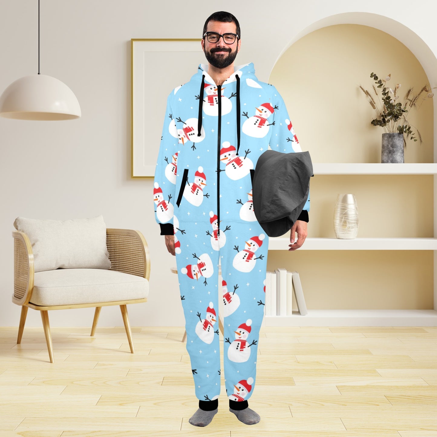Snowman Print Design LKS305 Hooded Fleece Onesie Pajama Jumpsuit