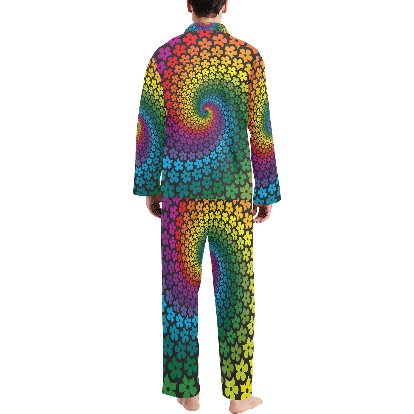 Flower Power Rainbow Spiral Print Men's Long Pajama Set
