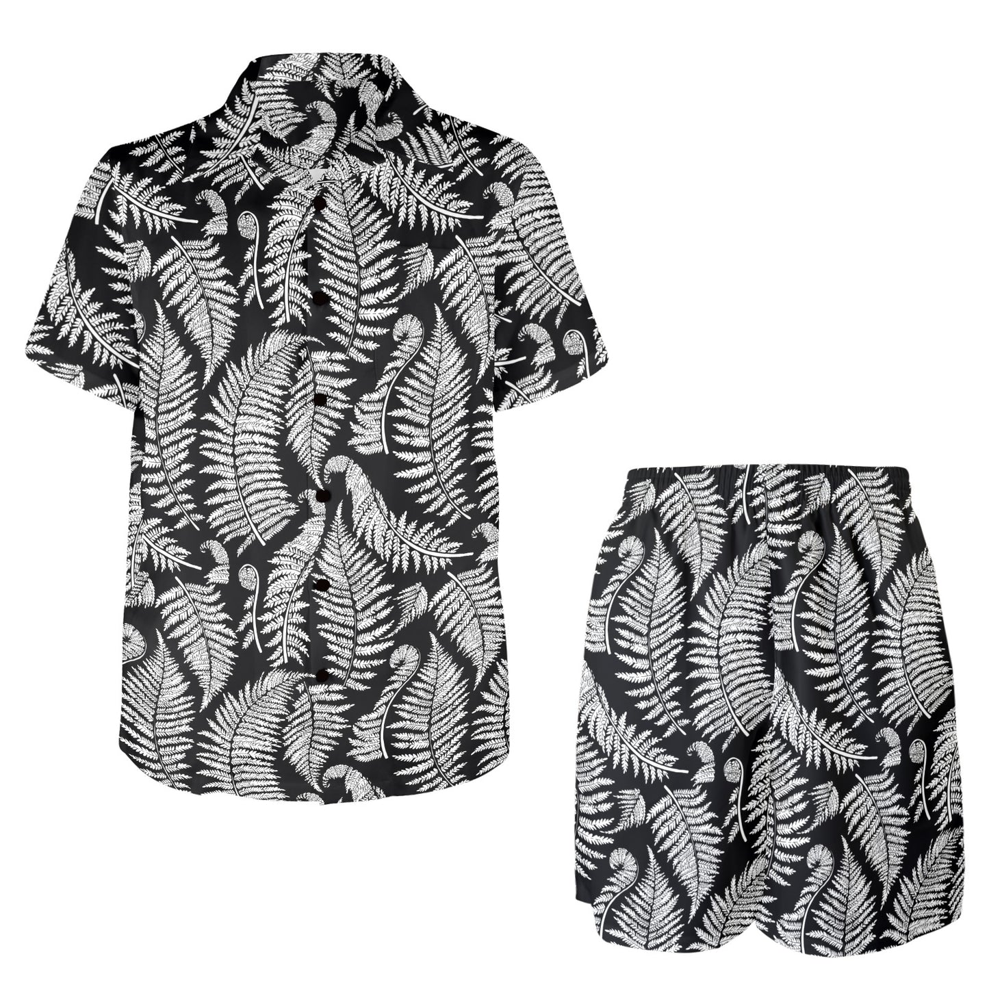 Fern Leave Black White Print Pattern Men's Beach Shirt and Shorts Set