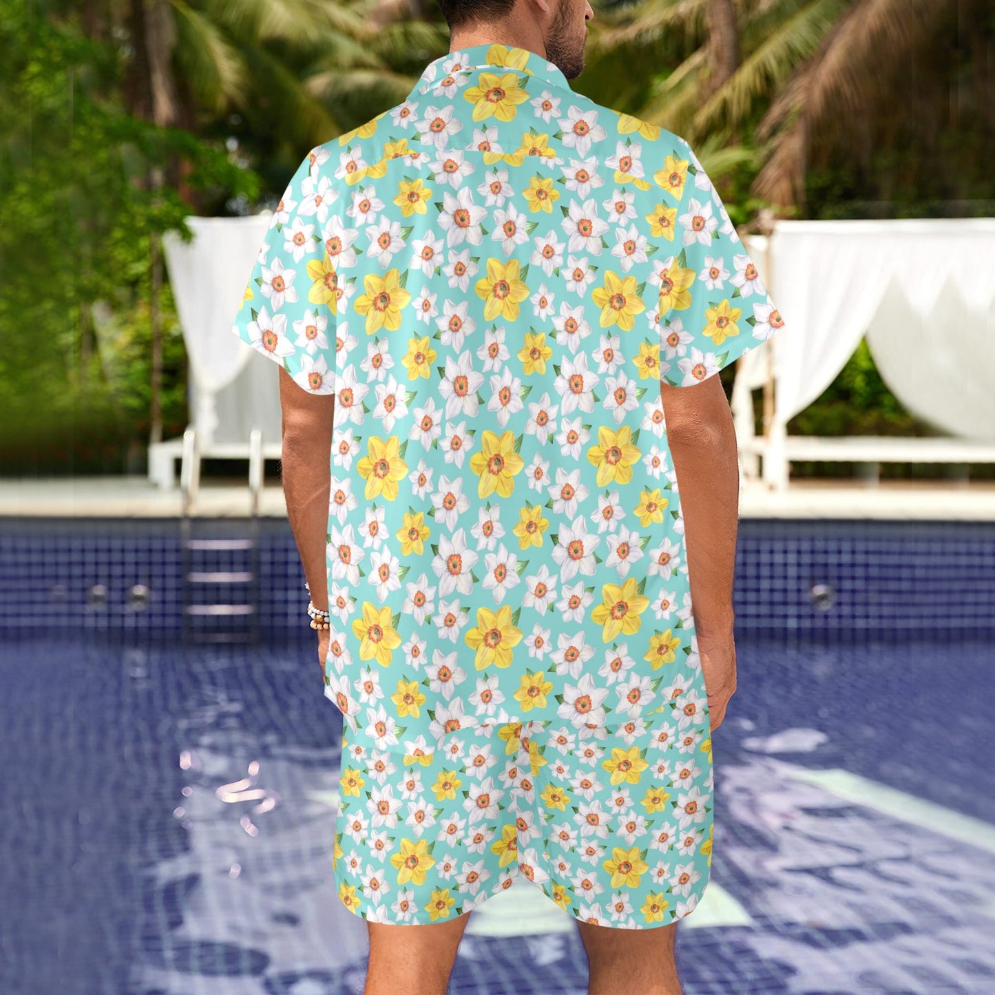 Daffodils Pattern Print Design 02 Men's Beach Shirt and Shorts Set