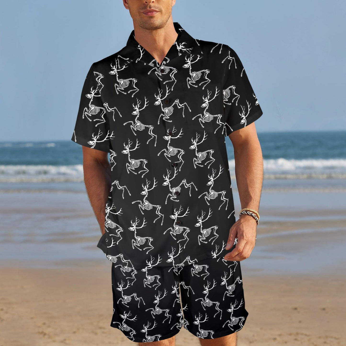 Deer Skeleton Print Pattern Men's Beach Shirt and Shorts Set