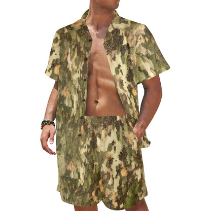 Camo Realistic Tree Texture Print Men's Beach Shirt and Shorts Set