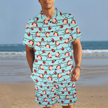 Ladybug Happy Print Pattern Men's Beach Shirt and Shorts Set