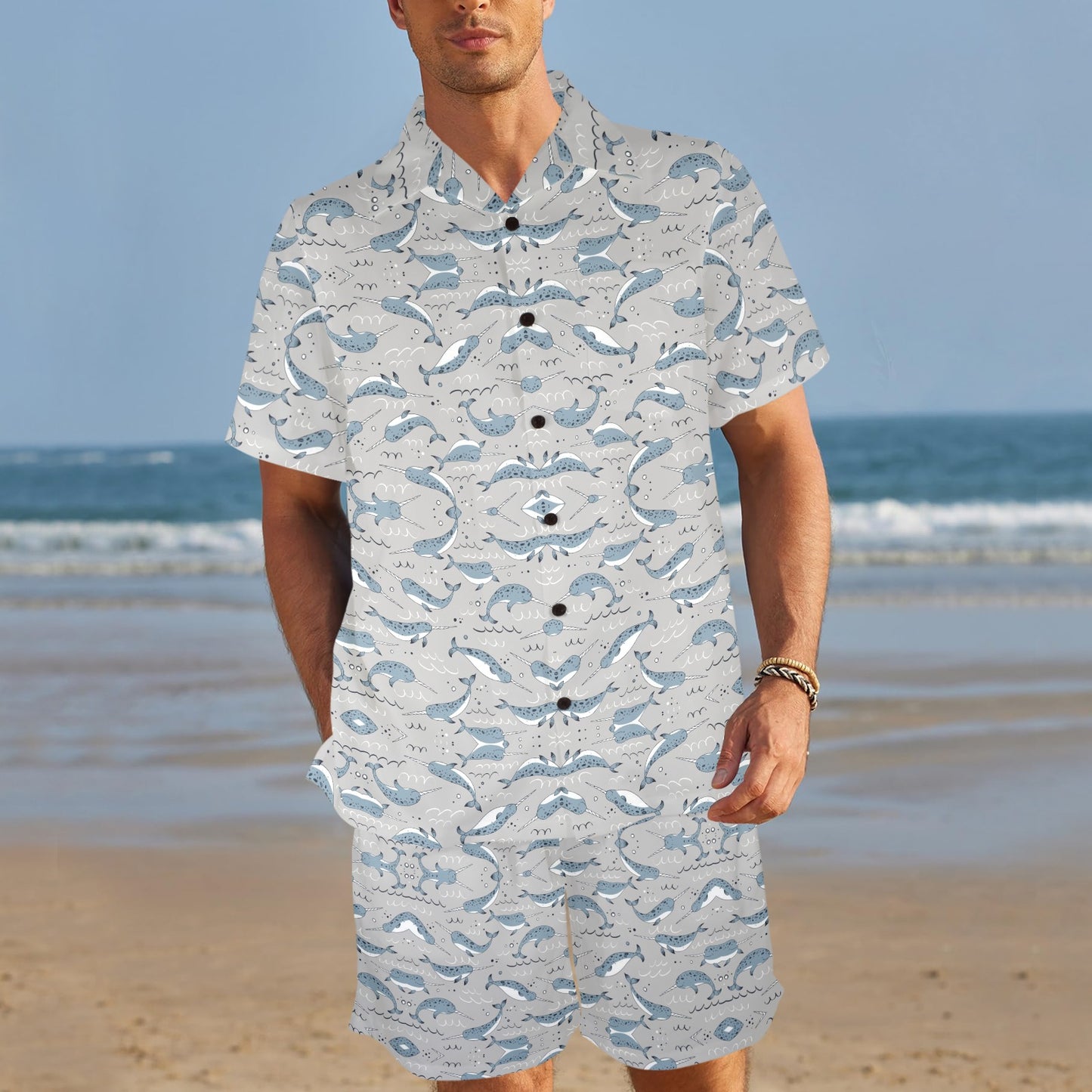 Narwhal Pattern Print Men's Beach Shirt and Shorts Set