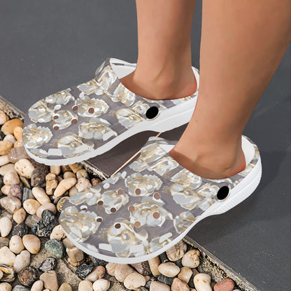 Elegant Grey Flower Print Unisex Clogs Shoes